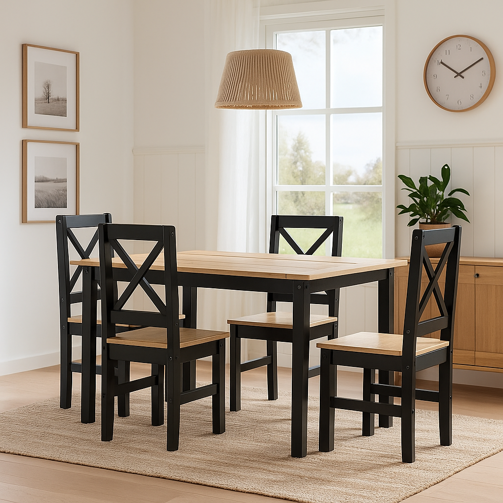Juego de comedor Negro cera, 4 sillas